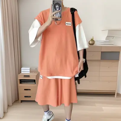 Men Summer T-Shirt Set Peach White Cool Youth Fashion