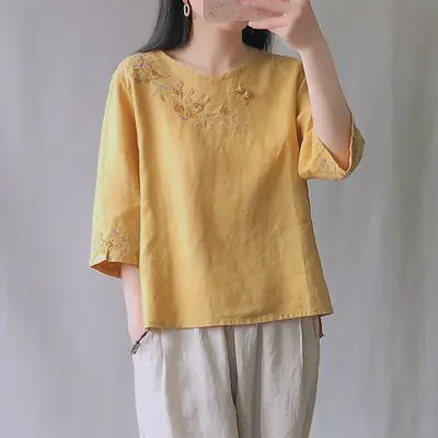 Women Cotton Linen Embroidered T-Shirt Yellow Seven Point Sleeve