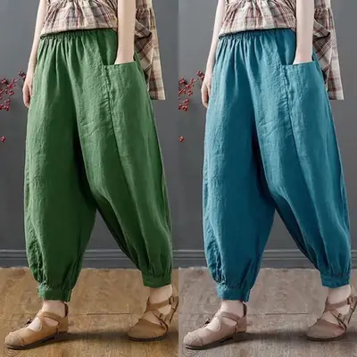Women Cotton Linen Bloomers Ankle Pants Summer Loose