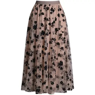 Summer 2023 Pleated Mesh Skirt for Women Floral Beige