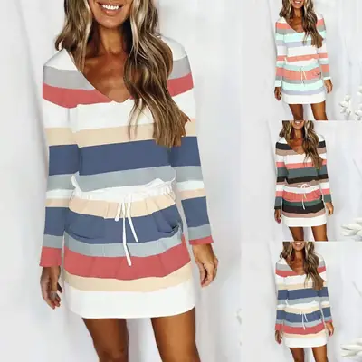 Women's Black White Striped Pocket Dress with Belt