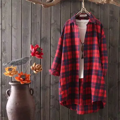 Women's Red Blue Plaid Long Sleeve Shirt Loose Spring Wear