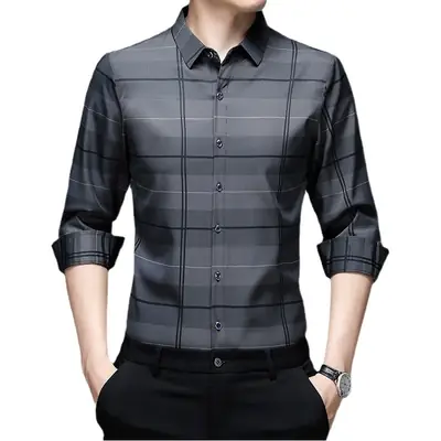 2023 Maroon Plaid Long Sleeve Men's Shirt