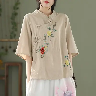 Women Cotton Linen Embroidered Tea Suit Pink Large