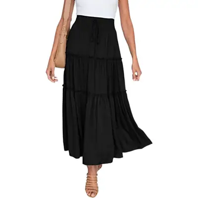 Black High-Waisted Pleated Skirt Mid-Length Bohemian Style