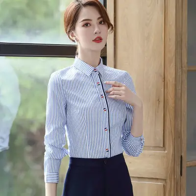 Women Blue Striped Shirt Business Wear Large Size