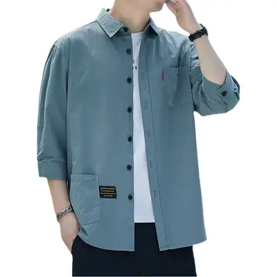 Men Pure Cotton 3/4 Sleeve Shirt Blue Hong Kong Style