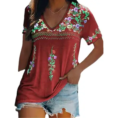 Women Printed V-Neck T-Shirt Red Summer Wear