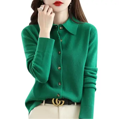Women Knitted Polo Collar Shirt with Long Sleeve Sweater