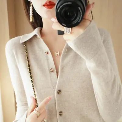 Women's Green Knitted POLO Collar Cardigan Long Sleeve