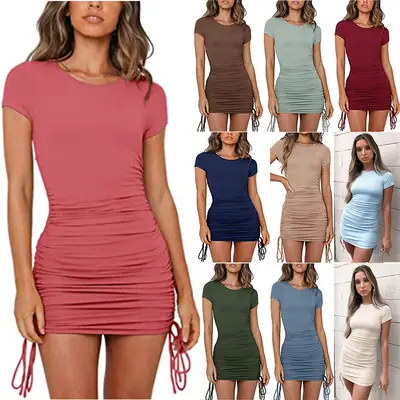 2022 Women's Black Drawstring Hip Dress Short Sleeve