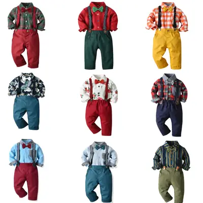 New Foreign Trade Cross-border Autumn Children's Wear Boys' Suit Cotton Long Sleeve Shirt Strap Pants One-year-old Christmas Dress