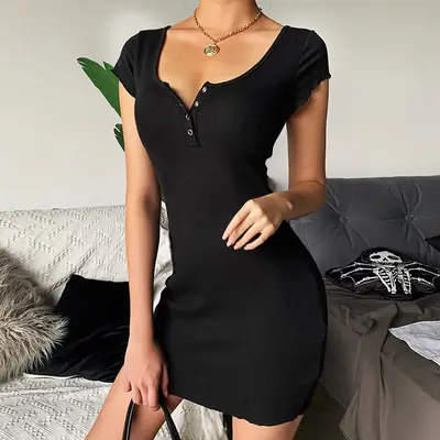 Women's Yellow Ribbed Hip Skirt Short Sleeve Summer Dress