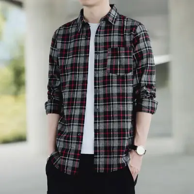 Men's Black Plaid Long Sleeve Cotton Shirt