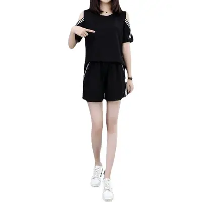 Women 2-Piece Black Cold Shoulder Shorts Set