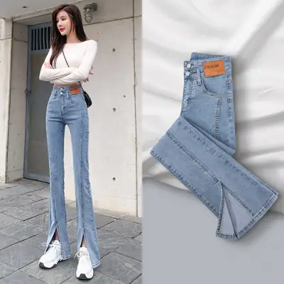 High Waist Stretch Slim Fit Split Micro Jeans Women Light Blue