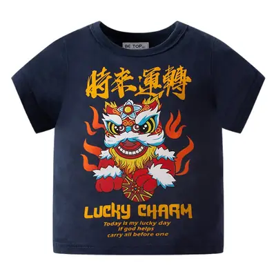 Chinese Lion Dance T-Shirt Boys Pure Cotton Summer Wear
