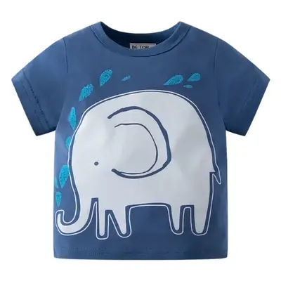 Cartoon Elephant Print Short Sleeve Kids T-Shirt Navy White