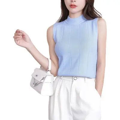 Women's Grey Sleeveless Knit Top with High Neck