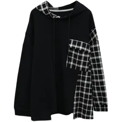 Women Plaid Hooded Sweatshirt Set Grey Checkered Extra Large