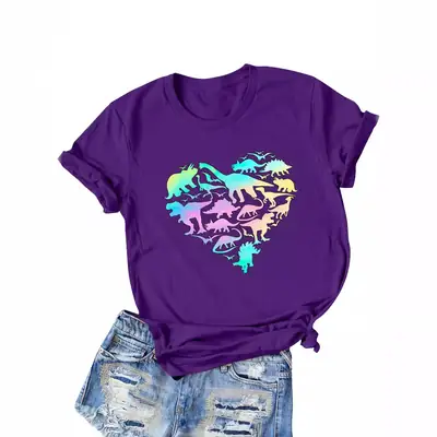 Women Cotton Dinosaur Heart Print T-Shirt Black