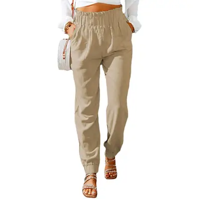Grey Elastic Belt High Waist Pants for Women Spring