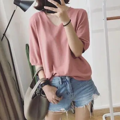 Women Korean Style V-Neck Sweater Set Blue Black