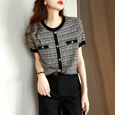 Women's Ice Silk Knitted Short Sleeve Top Blue