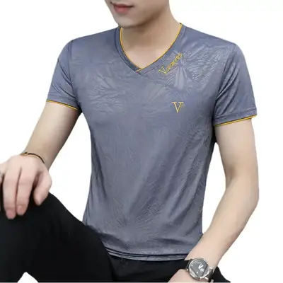 Men Ice Silk V-Neck T-Shirt Light Blue 7°C