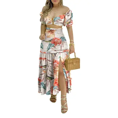 Color-Blocking Printed Vest High-Waisted Slit Long Skirt Set