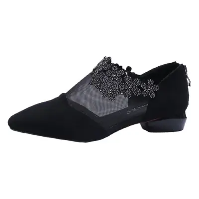 Women's Black Mesh Heel Sandals with Diamond Decor