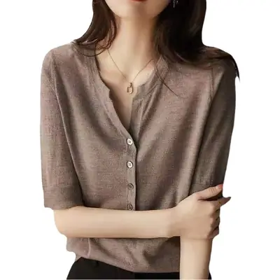Women Button V Neck Knit T-Shirt Brown