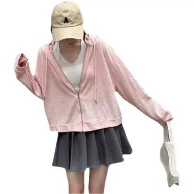 Women Loose Zipper Hooded T-Shirt Sun Protection