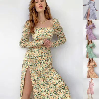Wish2024 Long Sleeve Slit Dress Sweet Daisy Print