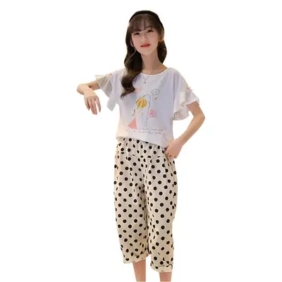 Girls Cotton Pajama Set Lotus Flying Butterfly Print