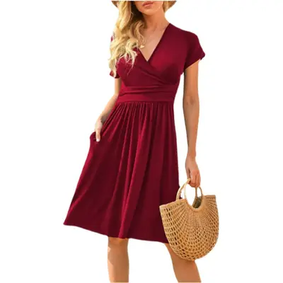 Women's Green Printed Waist Dress Mid Length Short Sleeve