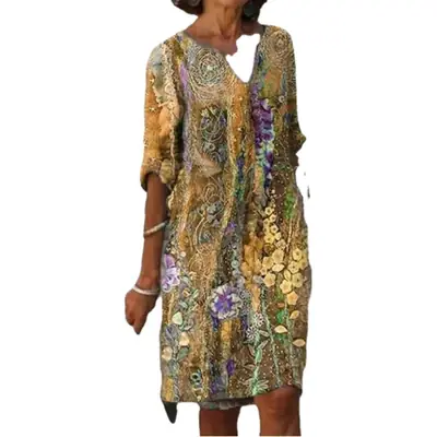 2023 Printed V-Neck Cotton Linen Dress Women