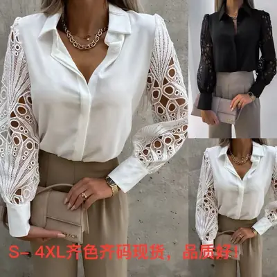 Women's Black Lace Crossbody Shirt with Long Sleeves