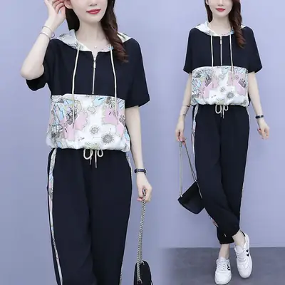 Women 2025 Hooded T-Shirt Nine-Pants Loose Suit White