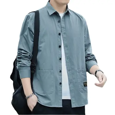 Men Pure Cotton Long Sleeve Shirt Blue Spring Autumn