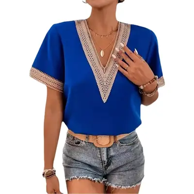 Women V-Neck Lace Shirt Pink Casual Summer Top
