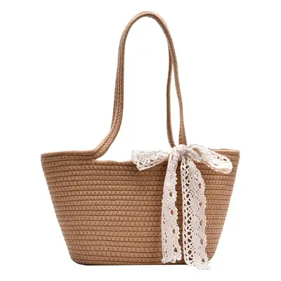 Women's Straw Bow Tote Bag Brown Large Capacity