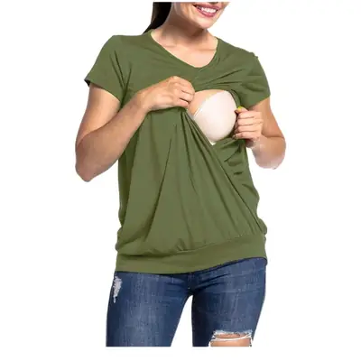 2021 Green Round Neck Short T-Shirt for Women