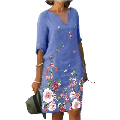 2025 New Color 3-Qr Sleeve Women Dress Floral Print