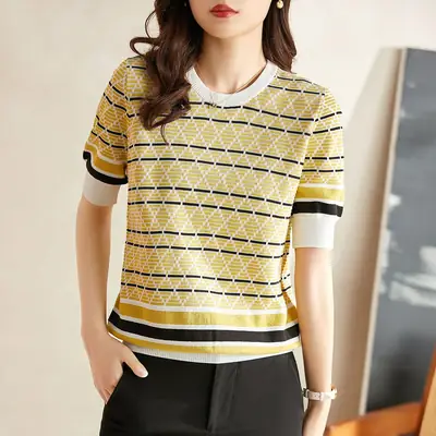 Women 2023 Yellow Black Striped Knit T-Shirt