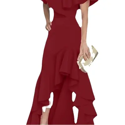 Women's Fuchsia Ruffled Long Dress with High Heels