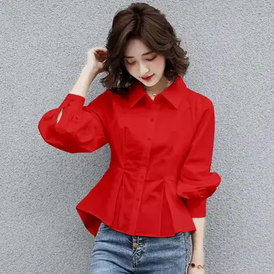 Red New Lapel Shirt for Women Single Breasted