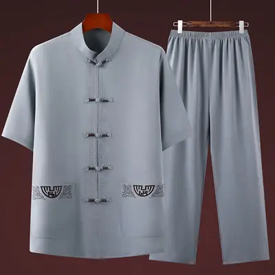 Men's Navy Blue Tai Chi Suit Short Sleeve Cotton Linen