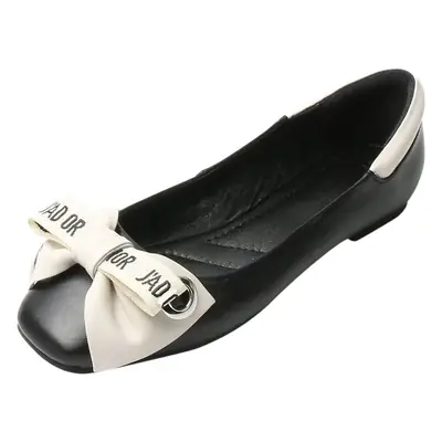 Women's Black White Bow Flat Shoes with Brand Label