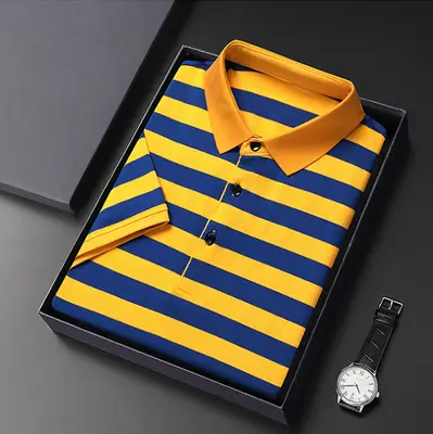Men Blue Yellow Striped Polo Shirt with Collar